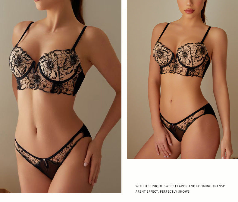Cross-border French-style Sexy Lingerie Deep V Vintage Mesh Embroidered Lace Bra Small Chest Push-Up Lingerie Set