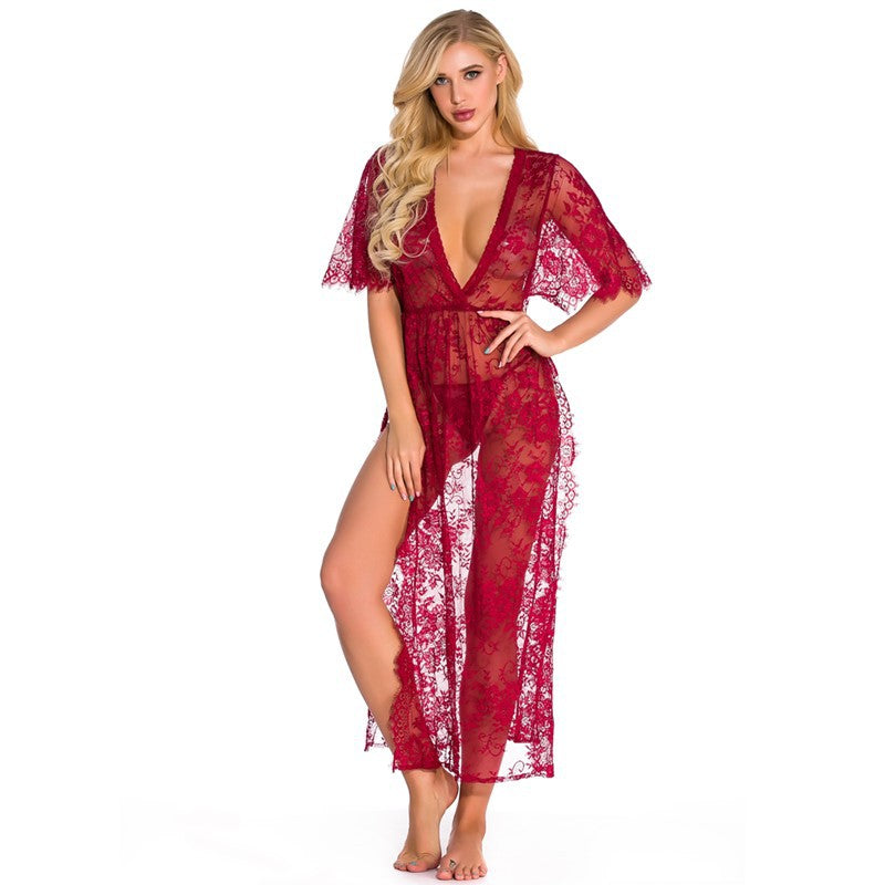 European and American Foreign Trade Women's Sexy Lingerie Long Lace Dress V Collared Three-quarter Sleeve Sexy Nightgown AliExpress Source Robe