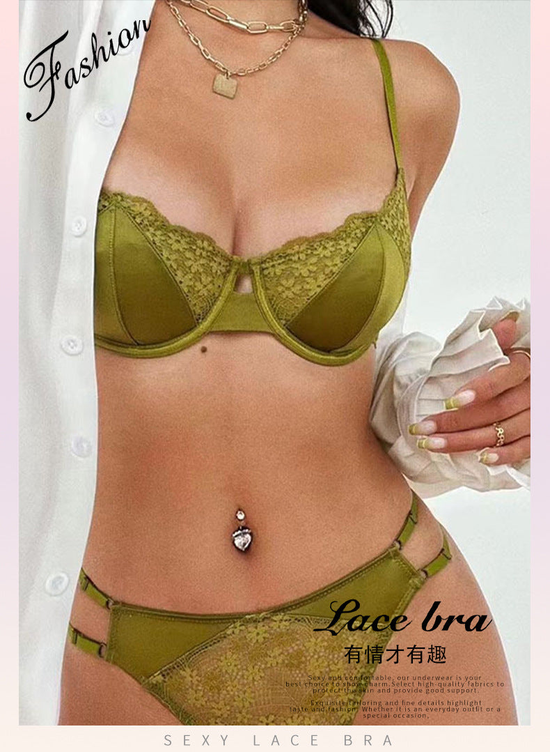 French Style Sexy Lingerie for Women Lace Girl Satin Embroidery Print Large Bust Minimizer Push-Up Bra Set