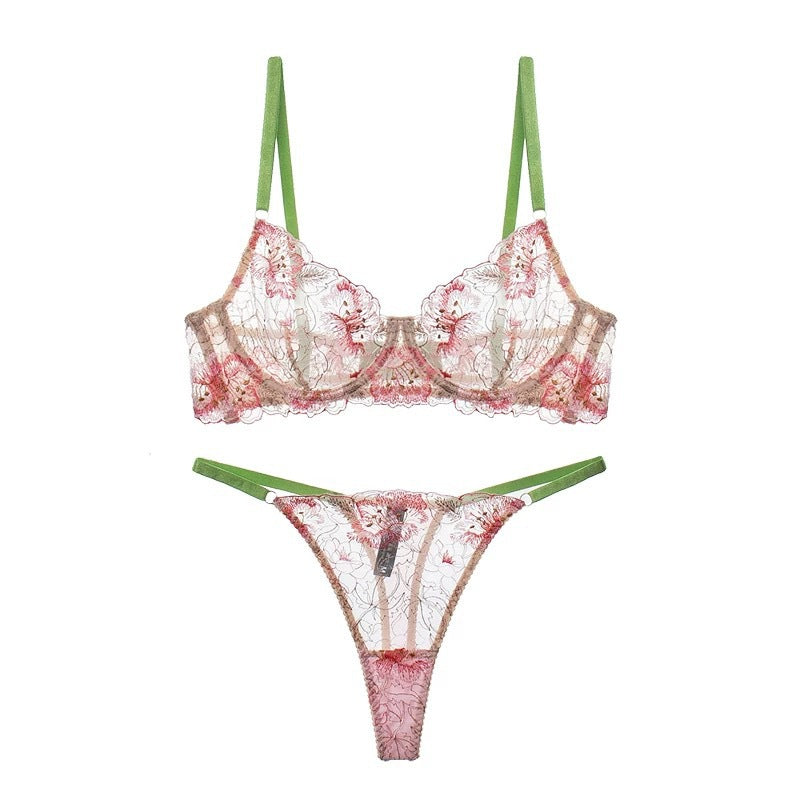 Cross-Border Pure Desire Sexy Lingerie Thin Floral Embroidery Large Bust Minimizer Anti-Sagging Lace Erotic Lingerie Set for Women