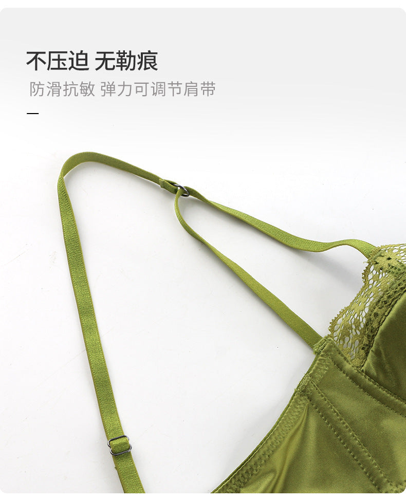 Cross-Border Hot-Selling French Lace Lingerie Women Sexy Thin Satin Large Bust Minimizer Anti-Sagging Bra Set