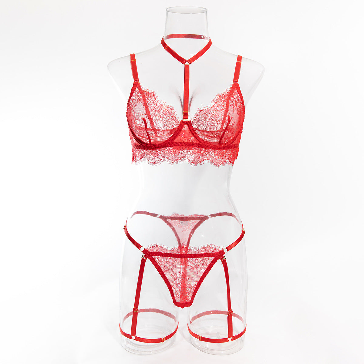 European and American Cross-Border Sexy Lingerie Four-Piece Set Sexy Hollow Lace Eyelash Halter Neck Lingerie with Detachable Leg Rings