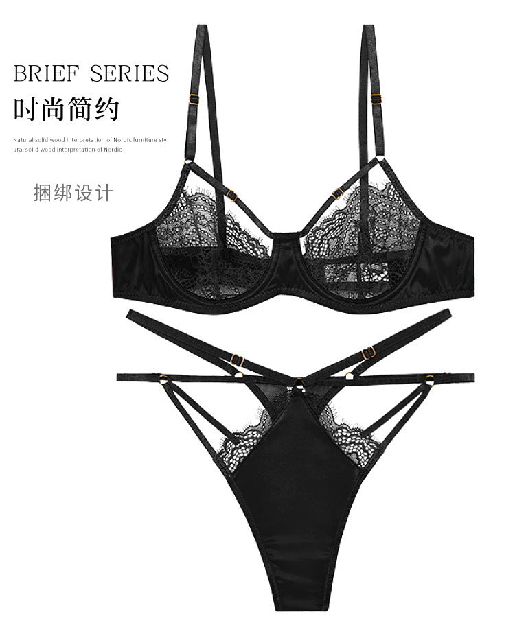 European and American Cross-Border Hot-Selling Sexy Lace Bra for Women, Tempting Large Bust, Minimizing, with Straps T Sexy Lingerie Set