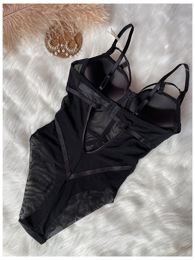 European and American New Sexy Temptation Lace Bra Tight-Fitting Push-Up Micro Shaping Bodysuit French Slimming One-Piece Lingerie