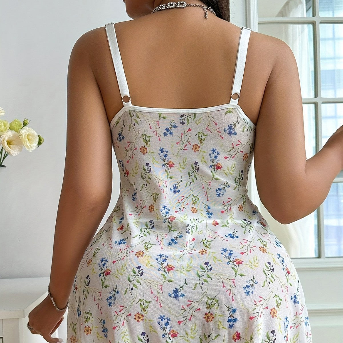 Cross-Border European and American Sexy Lingerie for Women Floral See-Through Mesh Lace Trim Plus Size Camisole Dress Thong Set