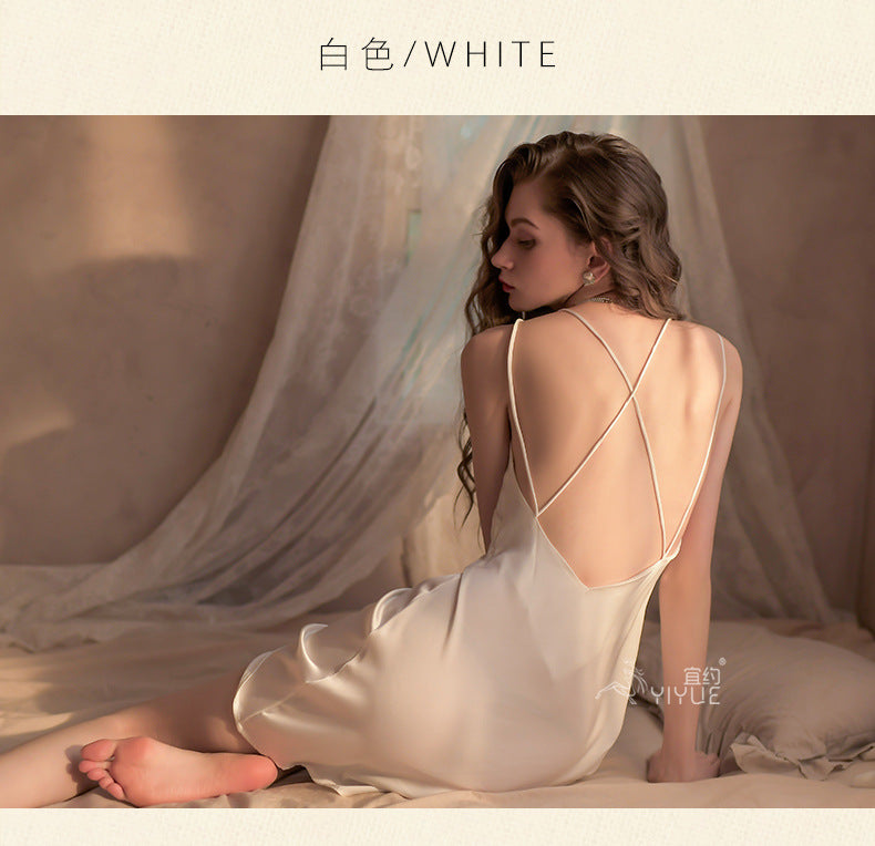 Yiyue Sexy Lingerie Sexy Ice Silk Strap Hollow Nightdress for Women Hot Passion Temptation Sleepwear Homewear8331