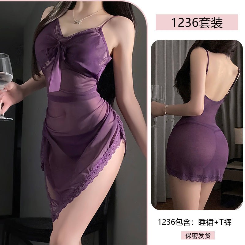 Yiyue Sexy Lingerie Lace Temptation Nightdress Pure Desire Mesh Lace-Up Slim Fit Bodycon No-Remove Sleepwear1236