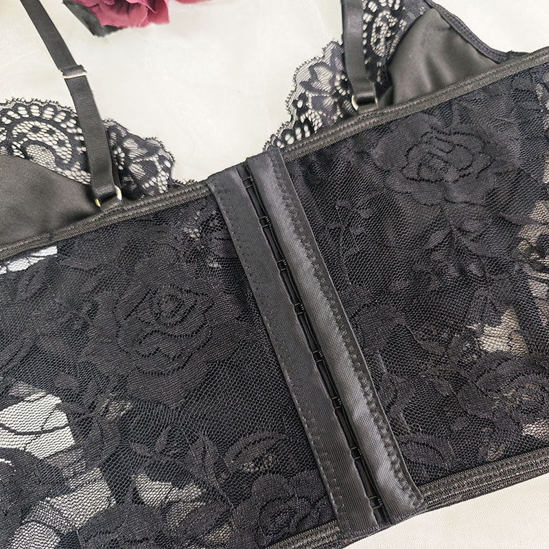 Cross-Border New Amazon Hot-Selling Pure Desire Lace Fishbone Underwire Camisole Two-Piece Sexy Lingerie Set