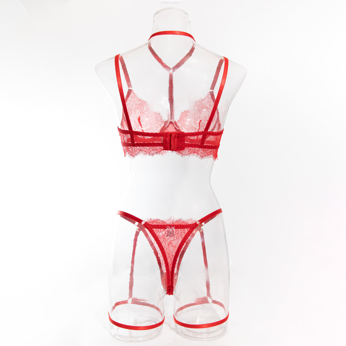 European and American Cross-Border Sexy Lingerie Four-Piece Set Sexy Hollow Lace Eyelash Halter Neck Lingerie with Detachable Leg Rings
