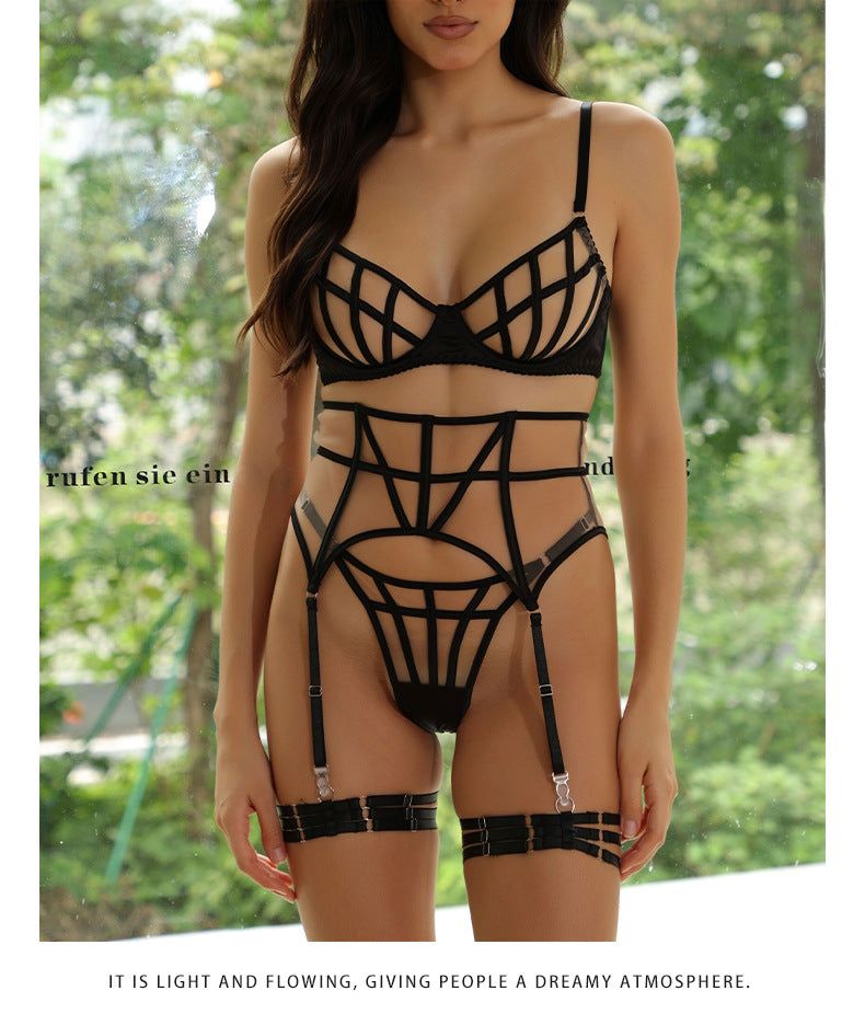 Cross-Border European and American Style French Lingerie Sexy Tie Leopard Print Temptation Mesh See-Through Big Chest Minimizer Erotic Three-Piece Set