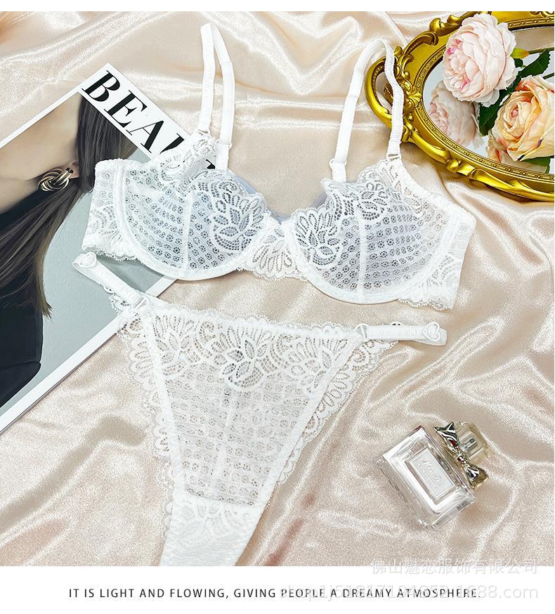 Cross-Border European and American Style French Lingerie Sexy See-Through Mesh Lace Plaid Large Bust Minimizer Push-Up Bra Set