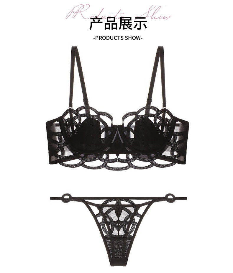 French Style Sexy Lingerie for Women, Thin Transparent Breathable Lace Bra, Minimizing Large Bust, Side Breast Collection, Push-Up Bra Set