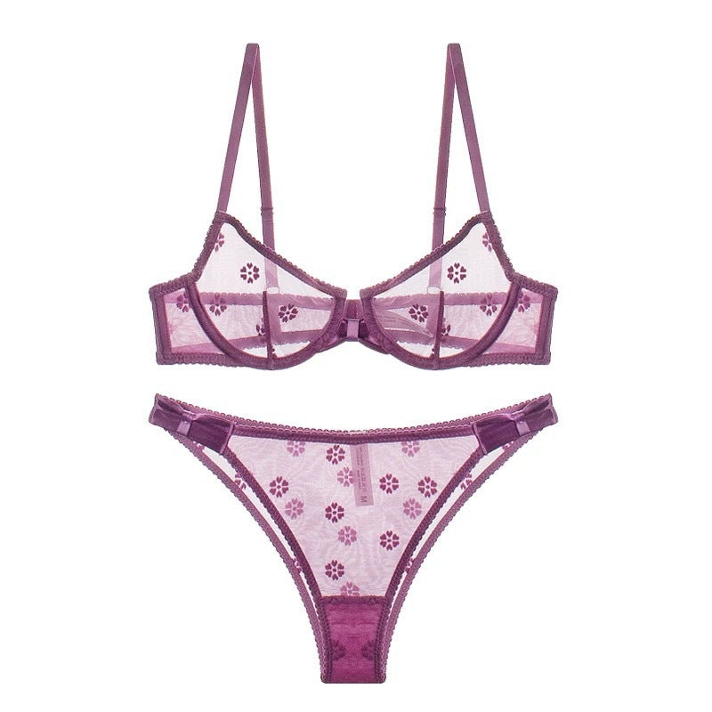 Cross-Border Hot-Selling Sexy Lingerie Summer Thin Large Bust Minimizing Sheer Flocked Embroidery Erotic Lingerie Women Two-Piece Set
