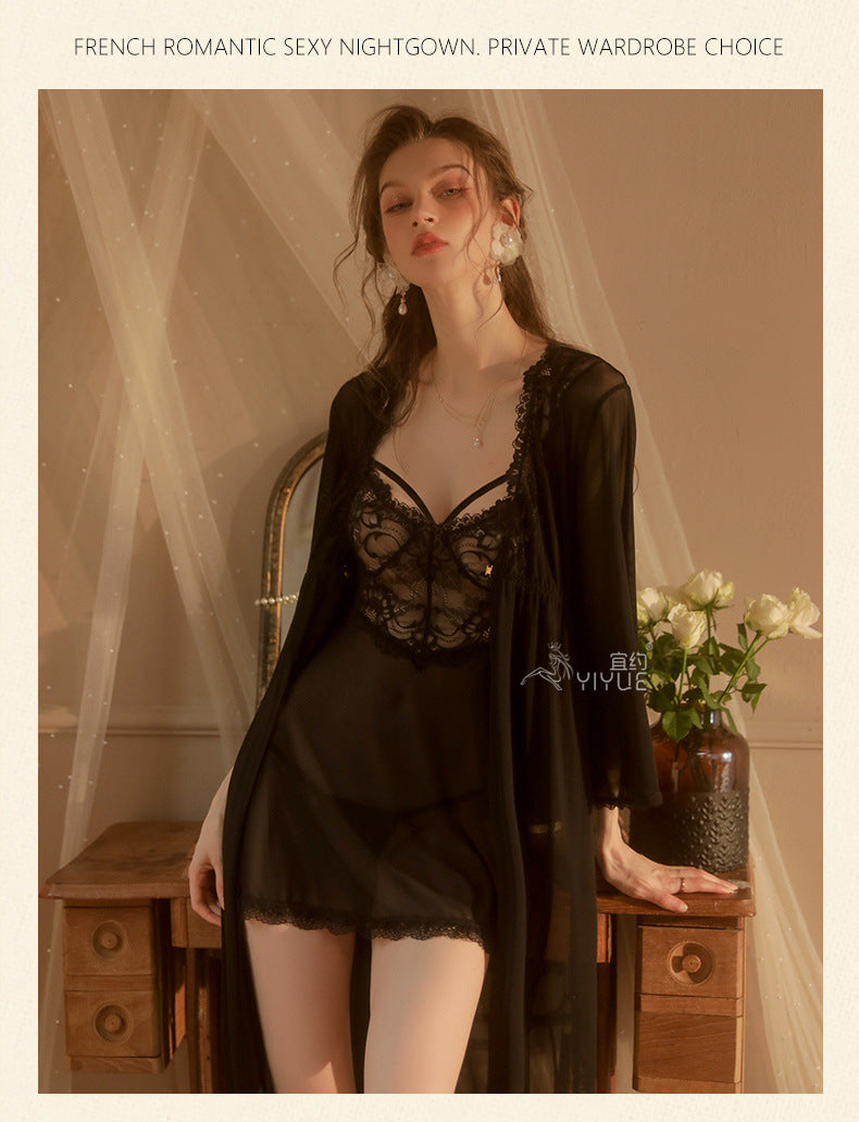 Yiyue Sexy Lingerie Sexy Strap Lace Temptation Nightdress Hot See-through Mesh Plus Size Nightgown Set8449