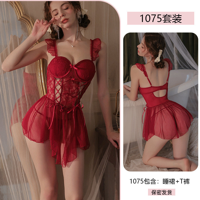Yiyue Original Sexy Lace Temptation Push-Up Nightdress Pure Desire Erotic Lingerie Lace-Up Fishbone Corset Nightgown1075