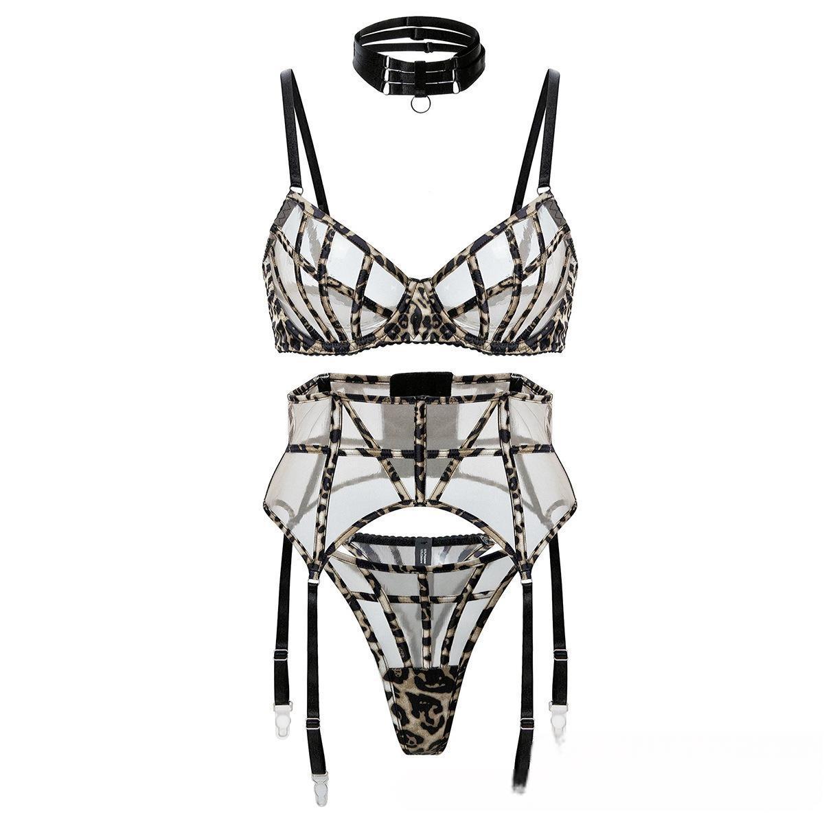 Cross-Border Sexy Lingerie Ultra-Thin See-Through Mesh French Lingerie Big Chest Minimizer Anti-Sagging Erotic Lingerie Three-Piece Set