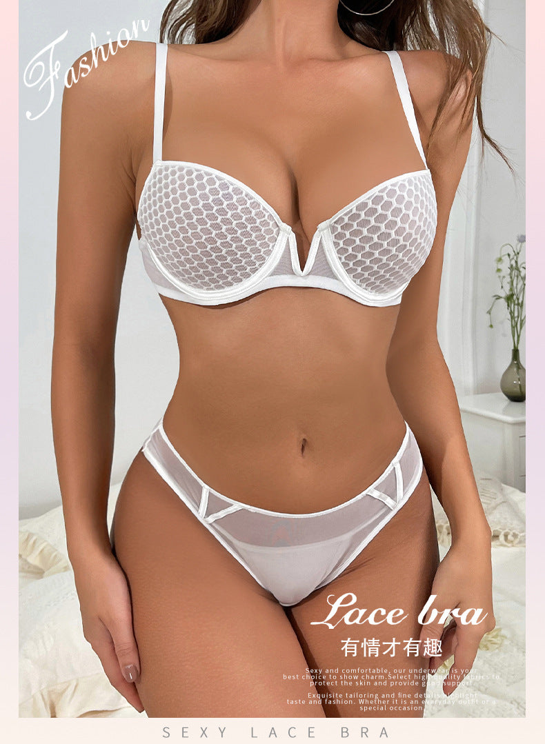 Cross-Border French Lace Lingerie Sexy Honeycomb Pattern Ultra-Thin Soft Underwire Bra Large Bust Minimizer Plus Size Bra Set