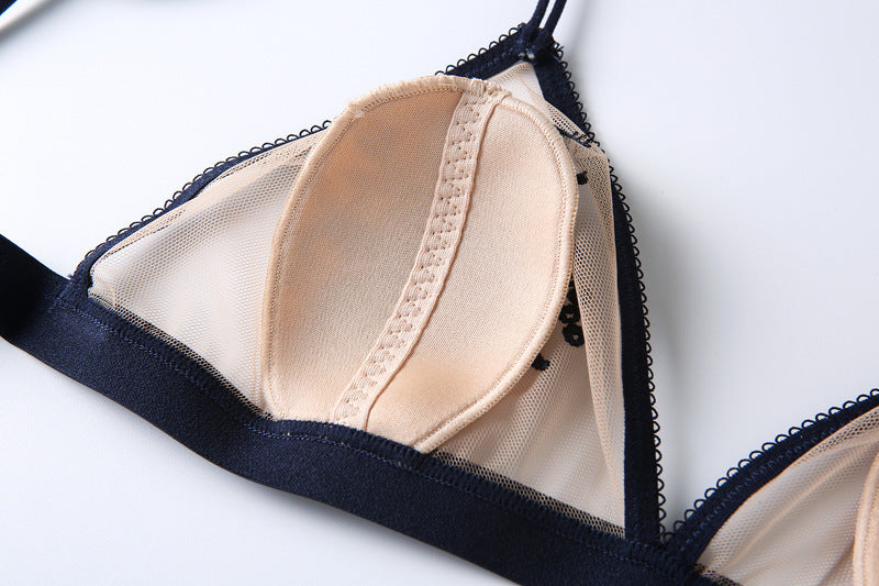 Cross-Border European and American French Style Lingerie Sexy Ultra-Thin See-Through Lace Embroidery Large Bust Minimizer Triangle Cup Bra Set