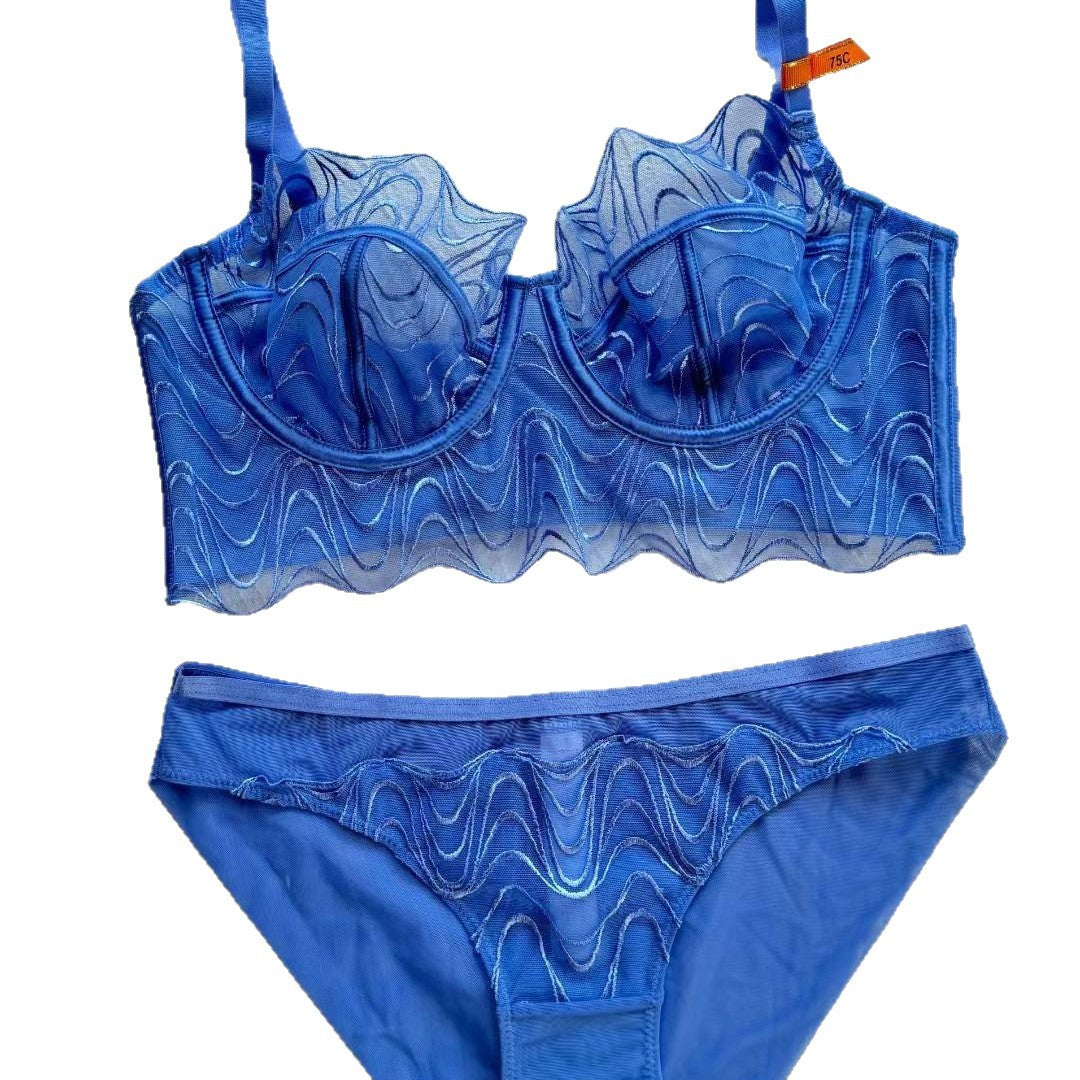 Cross-Border Plus Size Lace Lingerie French Style Pure Desire Sexy Mesh Ultra-Thin Large Bust Minimizer Bra Set Sexy Bra