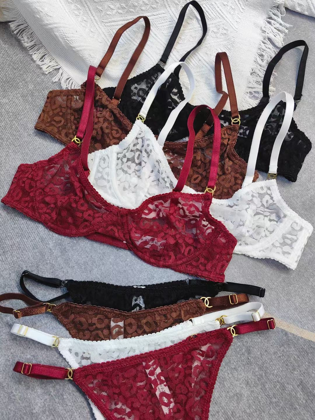 Cross-Border European and American Sexy Lingerie Ultra-Thin See-Through Mesh Lace Bra Large Bust Minimizer Plus Size Lingerie Set