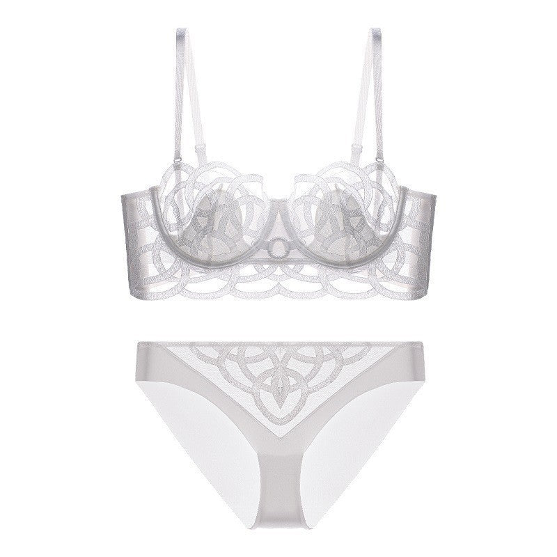 French Style Sexy Lingerie for Women, Thin Transparent Breathable Lace Bra, Minimizing Large Bust, Side Breast Collection, Push-Up Bra Set