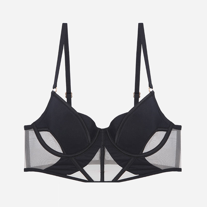 French Style Lingerie Sexy Thin Cotton Smooth Mesh Fishbone Bra Vest Style Bra Large Bust Minimizing Anti-Sagging Lingerie