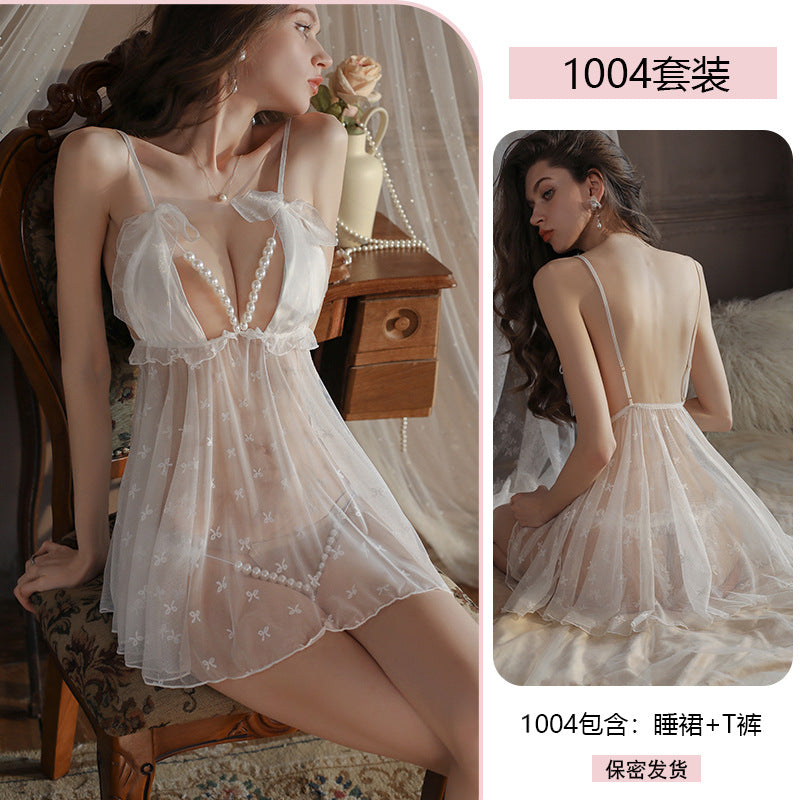 Yiyue Sexy Strap Nightdress Pearl Crotchless Transparent Temptation Sexy No-Remove Lingerie Bed Flirting Sleepwear1004