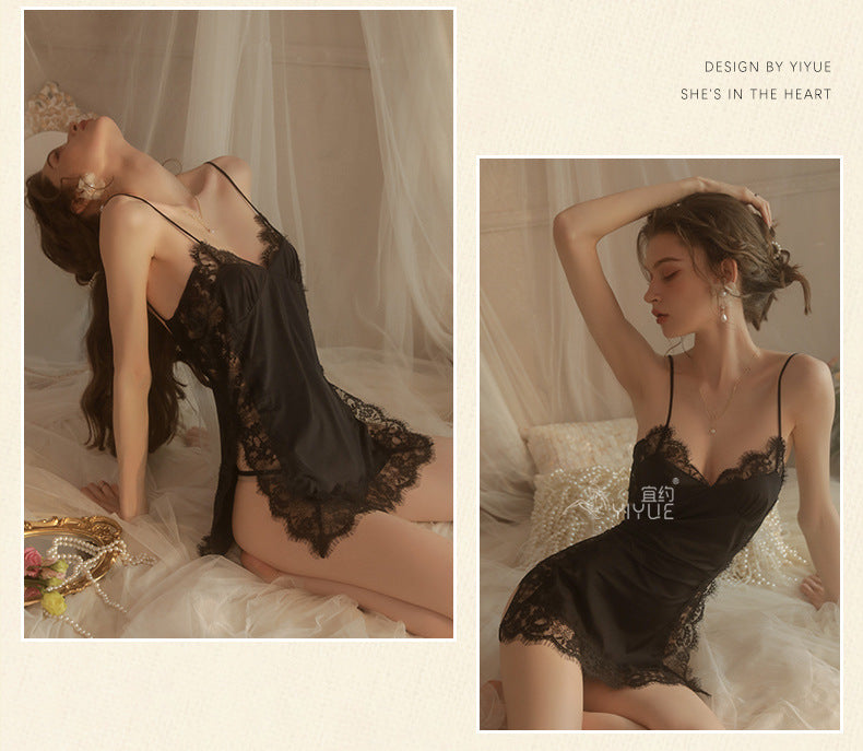 Yiyue Sexy Lingerie Sexy Strap Nightdress Hollow Deep v Hot Lace Temptation Nightdress Passion Uniform8487