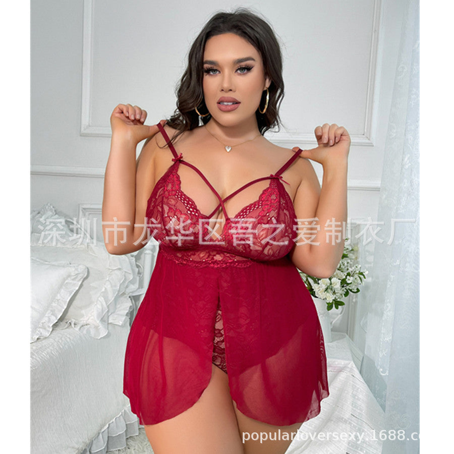 2024New Sexy Lingerie See-through Lace Temptation One-piece Camisole Sexy Nightdress V Cross Collar Cardigan Pajamas