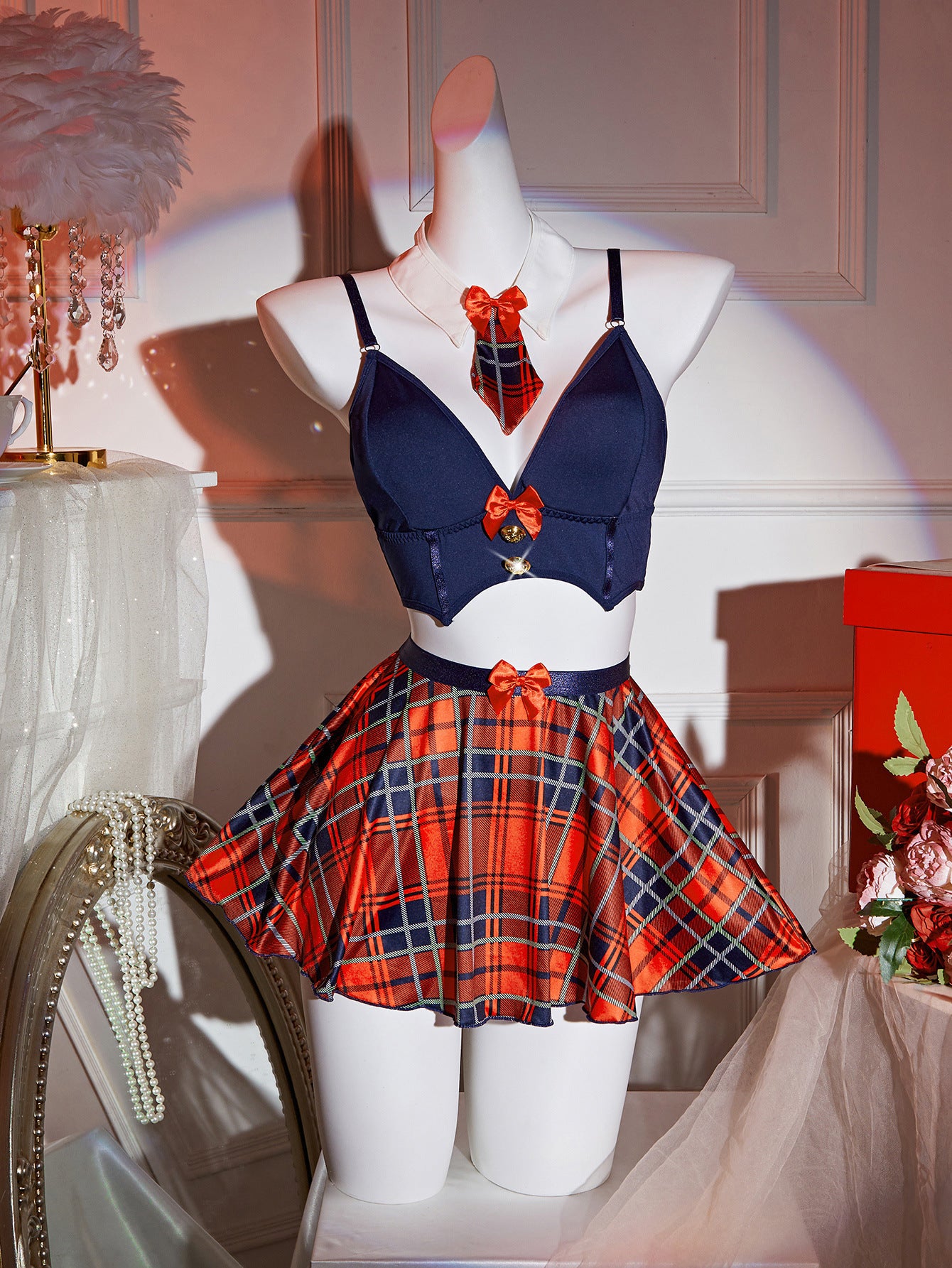 Cross-Border Foreign Trade Sexy Lingerie for Women Temptation Passion Uniform Bra Plaid Short Skirt Thong Three-Piece Set