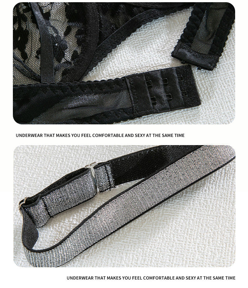 European and American Hot-Selling Sexy Lingerie for Women with Embroidered Eyelash Edge, Rhinestone Neck Ring, Garter Belt, Bra, and Five-Piece Set