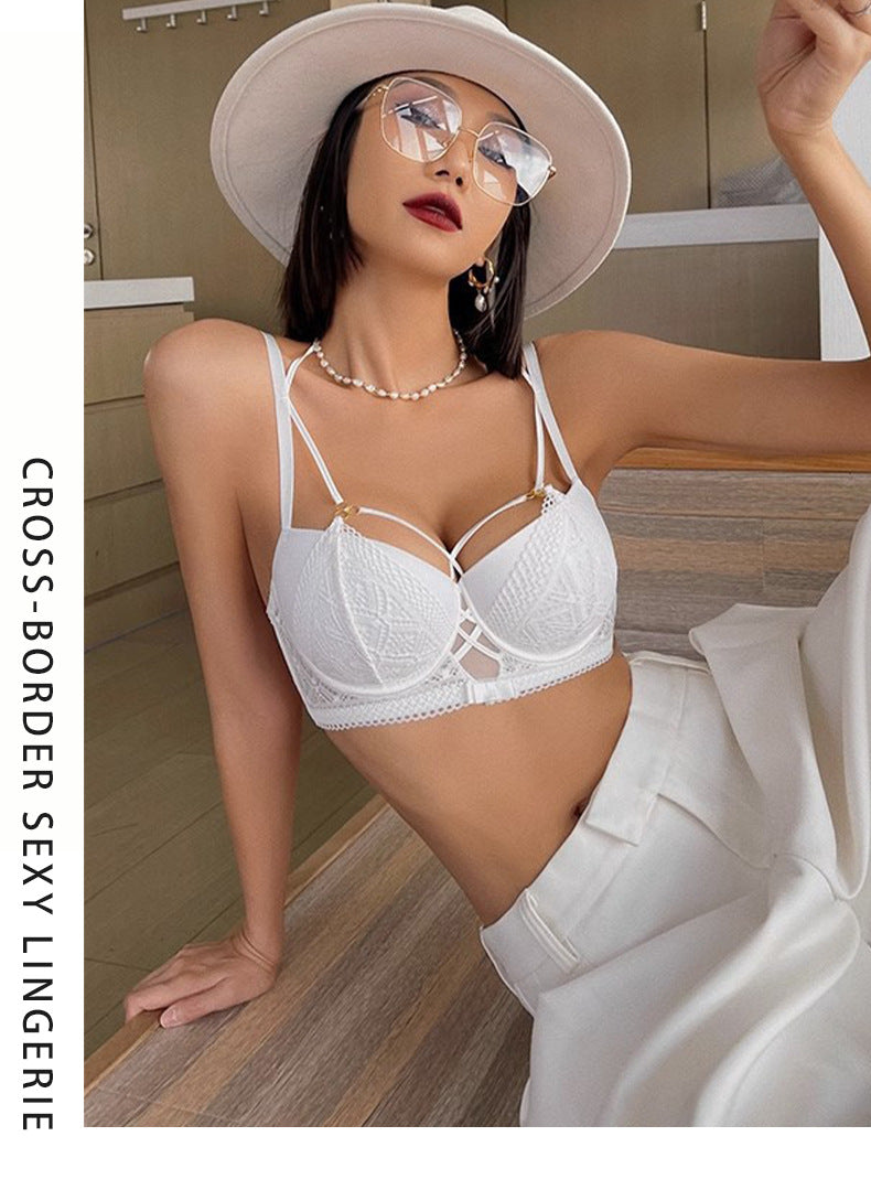 Cross-Border European and American Style French Lingerie Sexy Lace Strap Design Large Bust Push-Up Anti-Sagging Bra Set