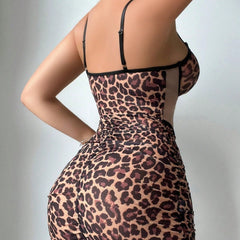 Europe and america cross border lingerie dress Leopard Print Sexy Erotic See-through Camisole Dress Fishbone Lingerie Temptation Nightdress