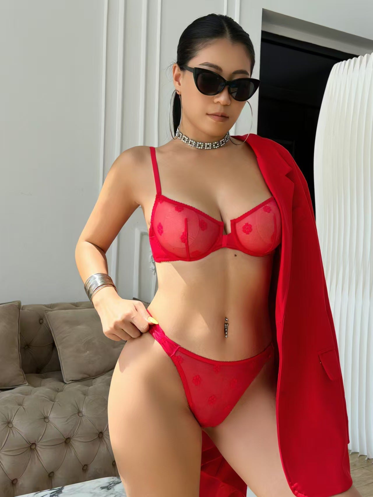 Cross-Border Hot-Selling Sexy Lingerie Summer Thin Large Bust Minimizing Sheer Flocked Embroidery Erotic Lingerie Women Two-Piece Set
