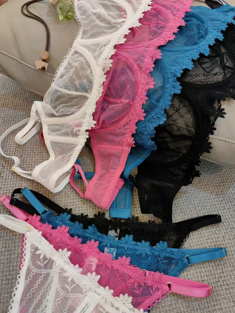 Cross-Border Sexy Lace Lingerie French Ultra-Thin Transparent Embroidery Erotic Lingerie Big Chest Minimizer Plus Size Bra Set