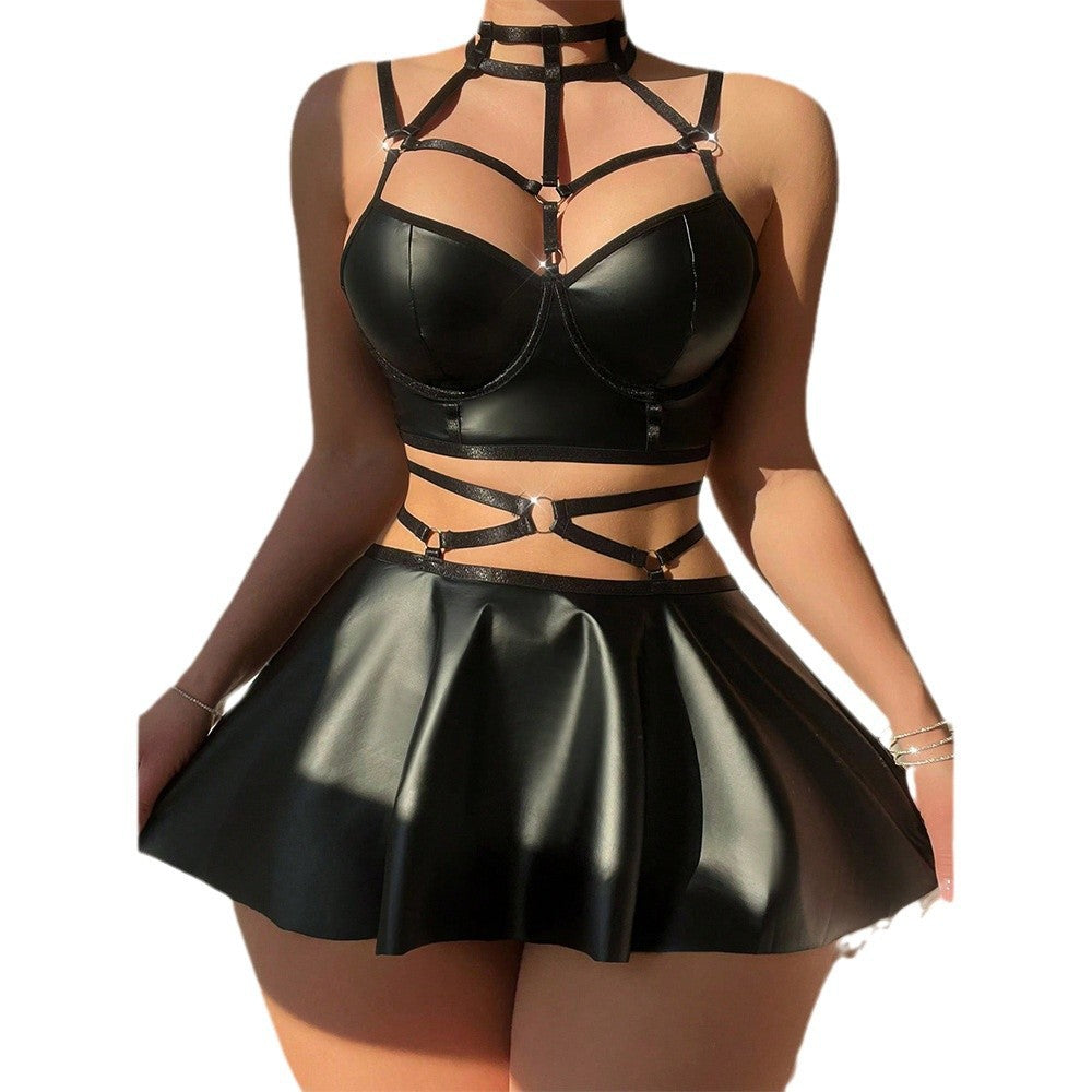 Amazon cross-border best-selling sexy lingerie PU Leather Passion Temptation Uniform Strap Thong Three-Piece Set for Women