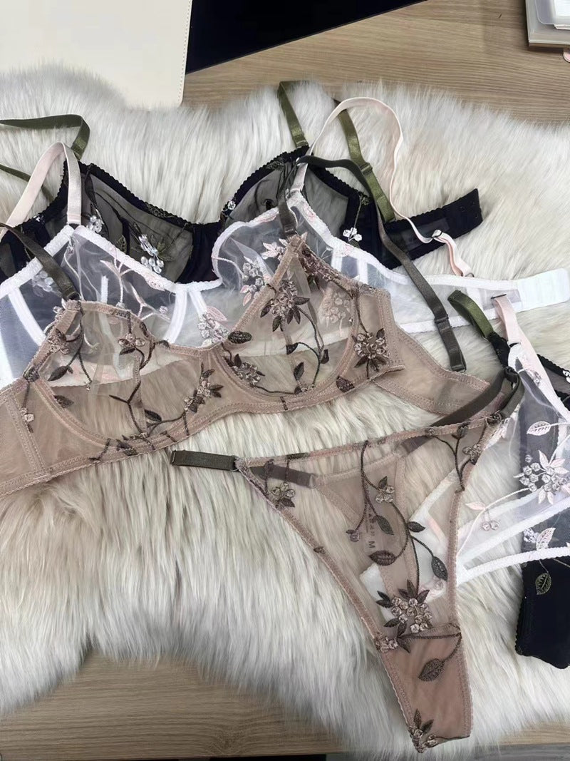 European and American Cross-Border Sexy Lingerie French Pure Desire Ultra-Thin See-Through Mesh Embroidery Underwire Push-Up Erotic Lingerie Set