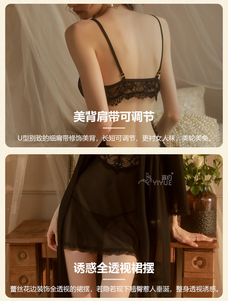 Yiyue Sexy Lingerie Sexy Strap Lace Temptation Nightdress Hot See-through Mesh Plus Size Nightgown Set8449