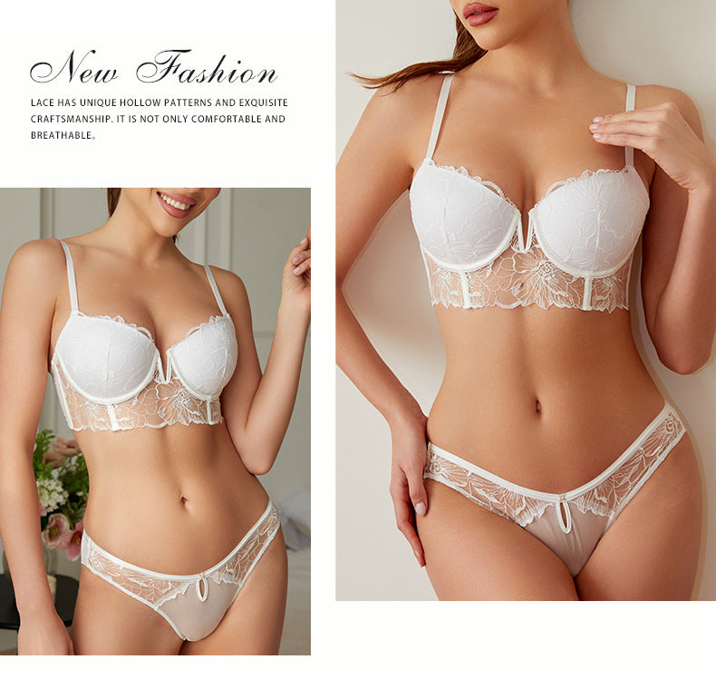 Cross-border French-style Sexy Lingerie Deep V Vintage Mesh Embroidered Lace Bra Small Chest Push-Up Lingerie Set