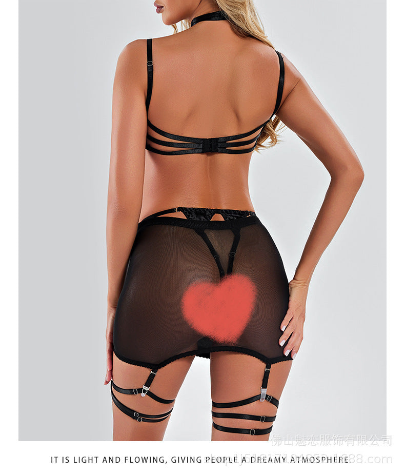 Amazon Foreign Trade Sexy Lingerie Women's Satin Patchwork Mesh See-through Bodycon Skirt Thong Five-piece Set