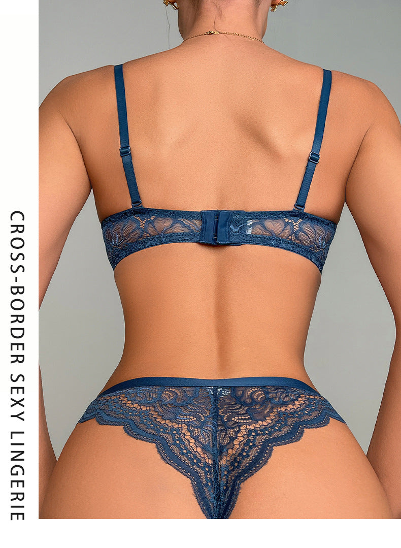 Cross-Border European and American Sexy Lingerie Half Cup Hollow Embroidery Lace Bra Small Chest Push-Up Side Breast Collection Lingerie Set