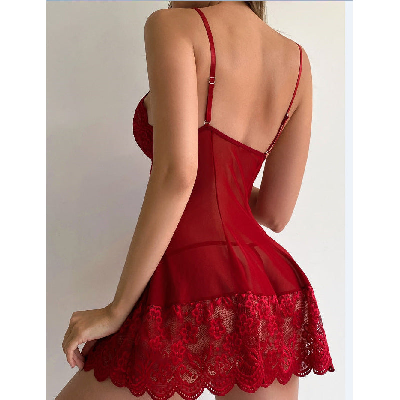 Sexy Sheer Lace Printed Chemise Nightdress Set - Adjustable Spaghetti Straps & Matching G-String