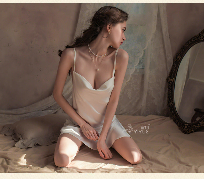Yiyue New Sexy Nightdress for Women Hollow Out Satin Silky Homewear Erotic Lingerie Hot Strap Nightdress8358