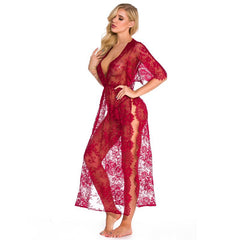European and American Foreign Trade Women's Sexy Lingerie Long Lace Dress V Collared Three-quarter Sleeve Sexy Nightgown AliExpress Source Robe