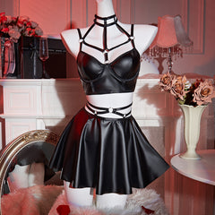 Amazon cross-border best-selling sexy lingerie PU Leather Passion Temptation Uniform Strap Thong Three-Piece Set for Women