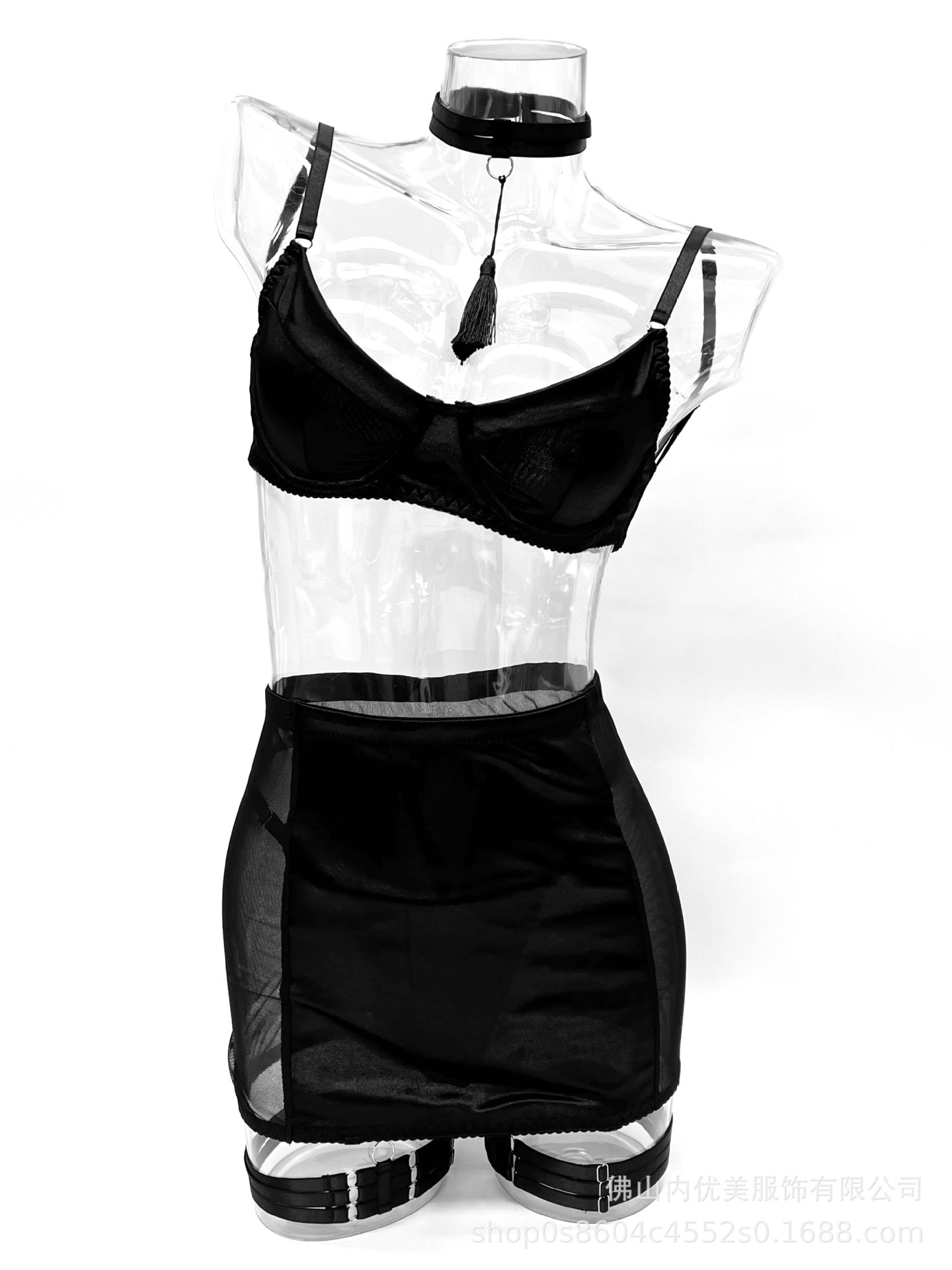 AliExpress Foreign Trade Sexy Lingerie Women's Sexy Satin Tassel Mesh See-through Bodycon Skirt Thong Five-piece Set