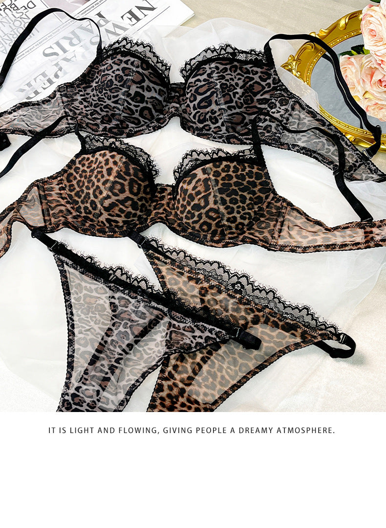 Cross-Border European and American Style Sexy Lingerie for Women Lace Leopard Mesh See-Through Large Bust Minimizer Push-Up Bra Set