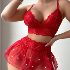 Amazon Hot Selling Sexy Lingerie for Women Lace Red Printed See-through Temptation Short Skirt Thong Three-piece Set