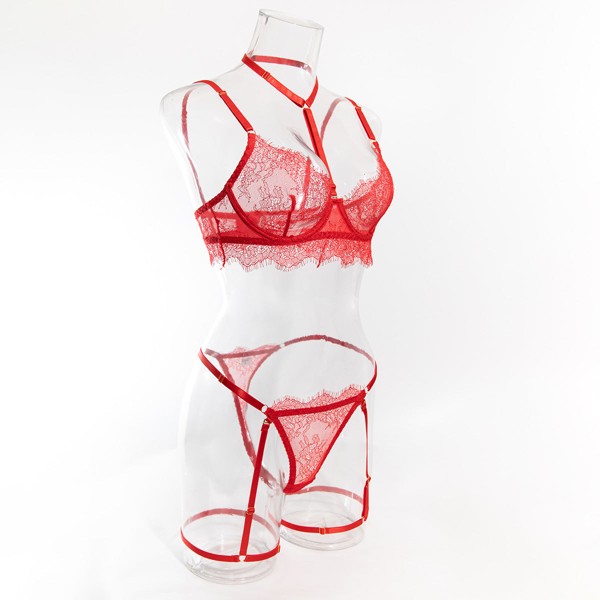 European and American Cross-Border Sexy Lingerie Four-Piece Set Sexy Hollow Lace Eyelash Halter Neck Lingerie with Detachable Leg Rings