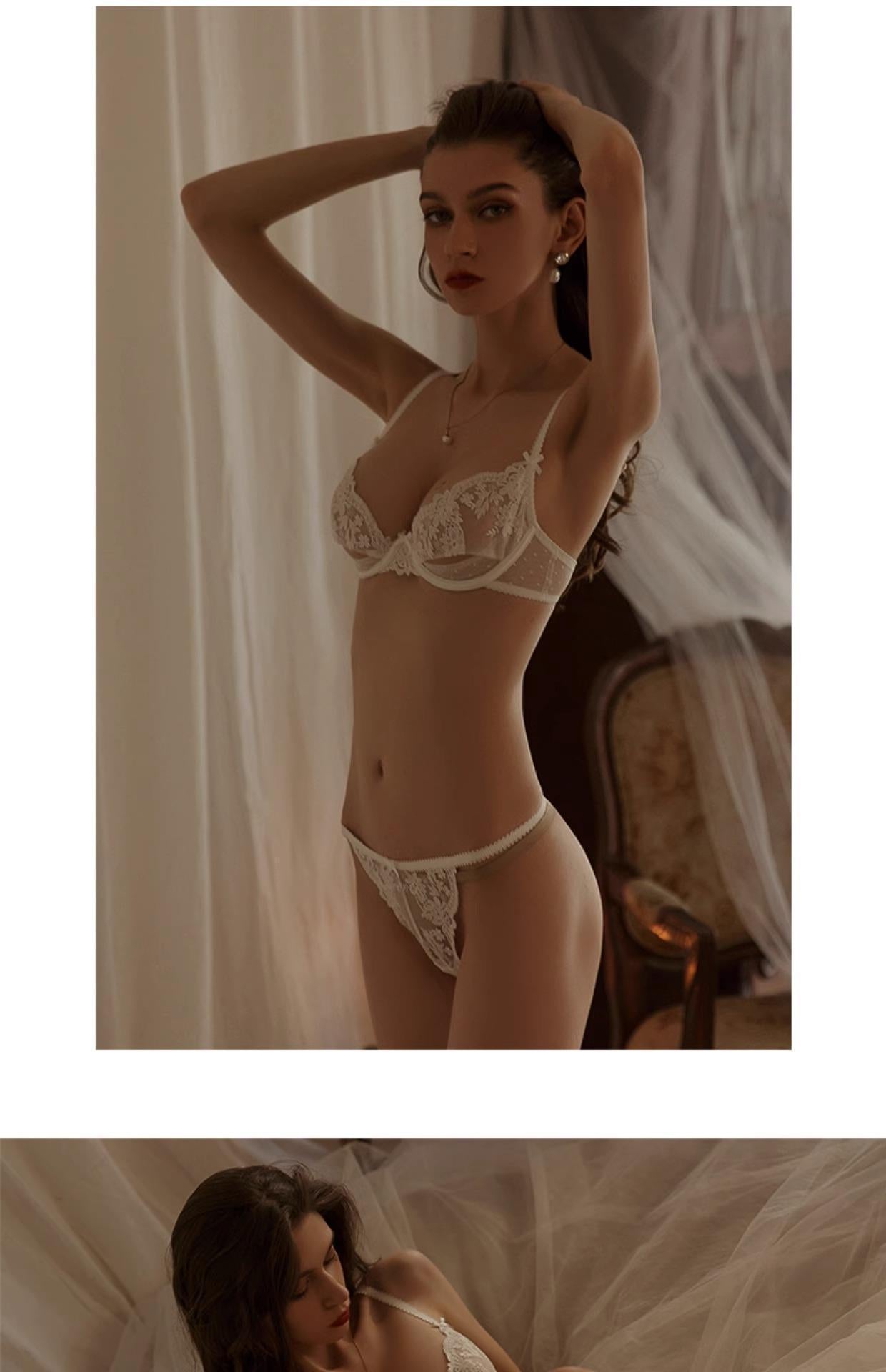 French Style Sexy Lingerie Ultra-Thin See-Through Pure Desire Floral Lace Lingerie Set Large Bust Minimizer Anti-Sagging Bra